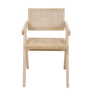 Armlehnstuhl aus Holz & Rattan – Gepolsterter Vintage Esszimmerstuhl im Naturlook