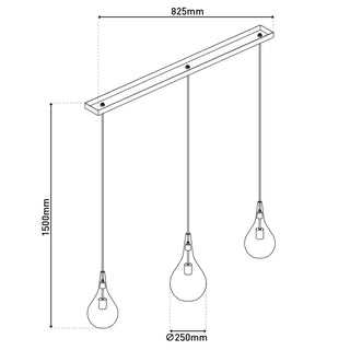 3er Pendelleuchte Gota – Rauchglas Schwarz, Retro Design, 88 cm
