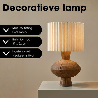 Mica Decorations Frey Tischlampe Braun – Plissierter Lampenschirm, E27, H51 cm – Dekorative Nachttischlampe & Wohnzimmerlampe