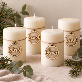 Adventszahlen aus Holz „eins–vier“ – 4er-Set Kerzenanhänger