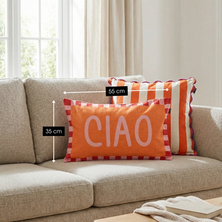 Mica Decorations CIAO Dekokissen 55x35 cm – Orange Zierkissen mit rosa „CIAO“ Schriftzug aus Baumwolle & Leinen