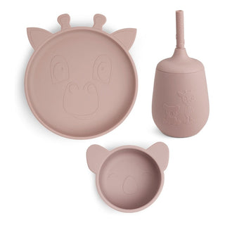 Nuuroo Silikon-Geschirr 3er-Set Geschenkset – Teller, Becher mit Strohhalm & Snackschale – Farbe Woodrose