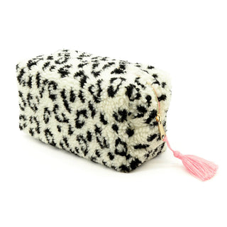 Kosmetiktasche Teddy Leo Weiß/Rosa – Beauty Bag mit Quaste – Make-up Tasche mit Reißverschluss 21x11,5x10 cm