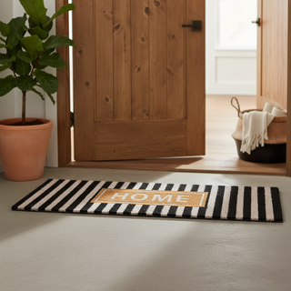 Fußmatte HOME mit Streifen 120 cm | Kokos Fußmatte Lang | Türmatte Eingang Schwarz Weiß