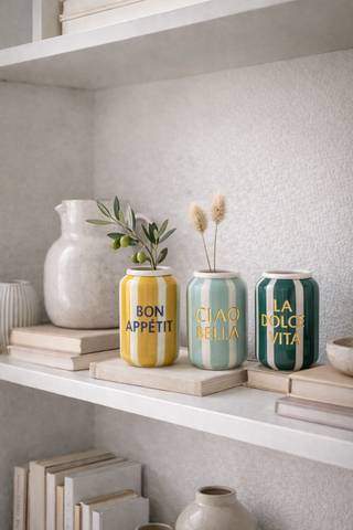 Keramik Vase Dosen 3-er Set D6,5 x H11,5 cm – Dekorative Mini Vase in Grün, Türkis & Braun mit Schriftzug