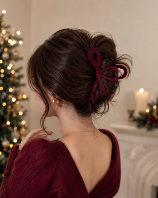 Bordeauxrote Samt Haarspange mit Schleife 11 cm – elegante Haarklammer für Herbst, Winter & Dirndl