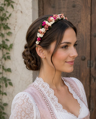 FLOWERCROWN Haarreif aus Trockenblumen in Pink, Grün & Weiß | Flower Crown für Hochzeit, Kommunion & Oktoberfest