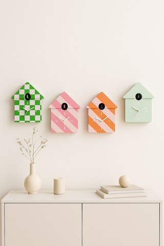 Housevitamin Wanduhr Kuckucks-Design – Rosa Streifenmuster, 24x27x9 cm