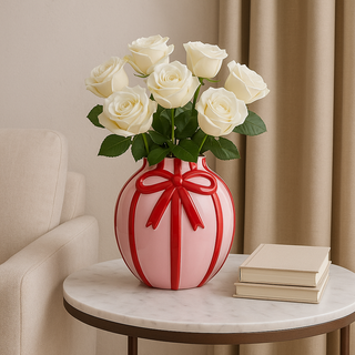 Keramikvase mit dekorativem Bogen – Moderne Dekovase in Weiß | Housevitamin Hellrosa/ Rot - 17x17x17,5 cm