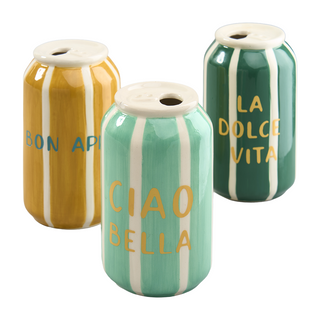 Keramik Vase Dosen 3-er Set D6,5 x H11,5 cm – Dekorative Mini Vase in Grün, Türkis & Braun mit Schriftzug