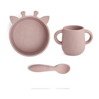 Nuuroo Ebba Silikongeschirr 3er-Set – Tiefer Teller, Tasse mit Henkel & Löffel – LFGB-zertifiziert, bruchsicher – Farbe Holzrose mit Giraffen-Motiv
