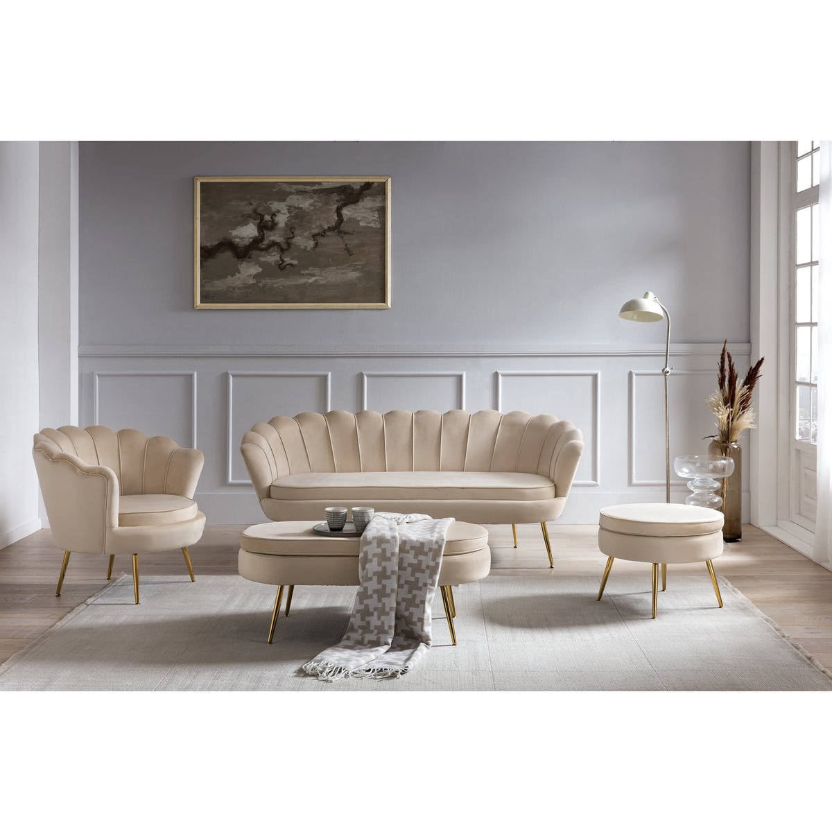 Muschelsofa 3-Sitzer aus Samt Beige