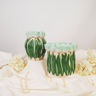 Vase-Blume-Vase mit Tulips-Dolomit-mint/ green-17x17x16cm