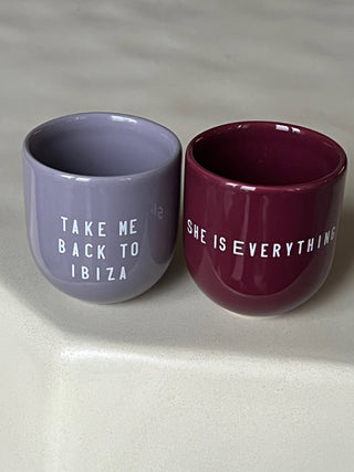 Kaffeebecher Keramik "Take me back to Ibiza" lila