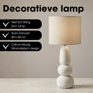 Menko Tischlampe 84 cm – Keramik Tischleuchte in Creme mit E27 Fassung, Moderne Nachttischlampe für Wohnzimmer & Schlafzimmer