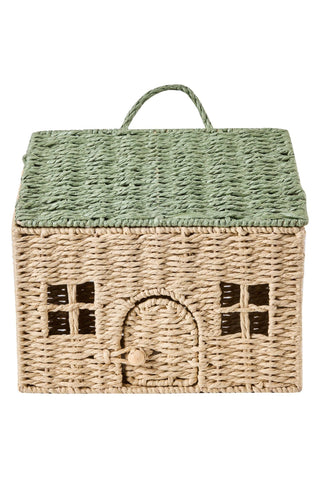 Dekoratives Häuschen zum Aufhängen Beige Grün – Boho Deko aus Papier & Stahl