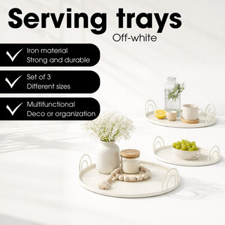 Mica Decorations Tablett Set 3er – Runde Metall Serviertabletts mit Griffen in Gebrochenem Weiß Ø30–42 cm