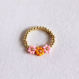 Elastischer Perlenring mit Miyuki-Blume – Goldfarbener Edelstahlring | Bazou