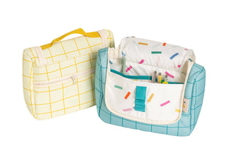 Kinder Kulturbeutel mit Spiegel „Lemontastic“ – Türkise Reise Waschtasche mit Fächern | Kosmetiktasche für Kinder