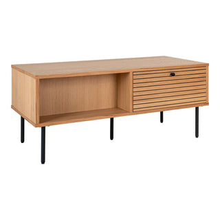 couchtisch aus holz mit schublade rechts, weißer hintergrund, schwarze beine