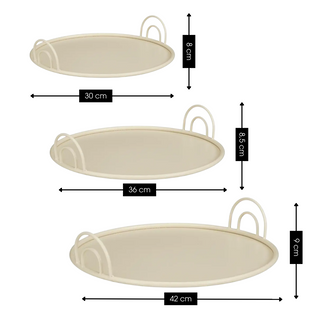 Mica Decorations Tablett Set 3er – Runde Metall Serviertabletts mit Griffen in Gebrochenem Weiß Ø30–42 cm