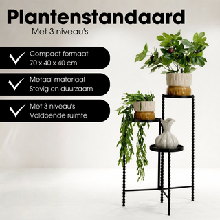 Mica Decorations Salvo Pflanzenständer Schwarz – 3-stufiger Blumenständer aus Eisen, H70 cm – Indoor & Outdoor Pflanzenregal