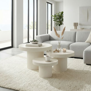 Mica Decorations Lux Beistelltisch Set 3er – Runde Metall Beistelltische in Gebrochenem Weiß, Moderne Couchtische Ø50–70 cm