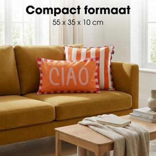 Mica Decorations CIAO Dekokissen 55x35 cm – Orange Zierkissen mit rosa „CIAO“ Schriftzug aus Baumwolle & Leinen