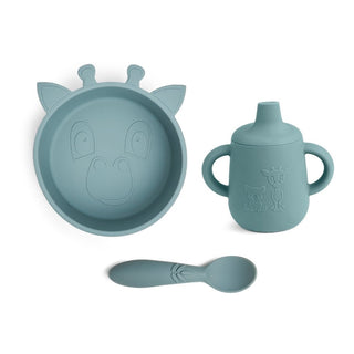 Nuuroo Elias Silikongeschirr 3er-Set – Tiefes Teller, Tasse mit Trinkdeckel & Löffel – LFGB-zertifiziert, bruchsicher – Farbe Blei