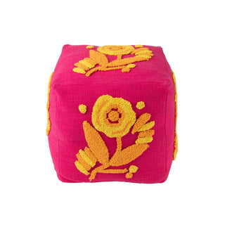 Pouf, viereckig,rosa mit orange/gelben Blumen, Hintergrund weiß