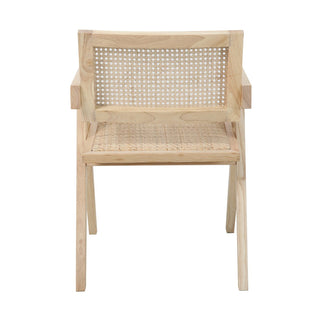 Armlehnstuhl aus Holz & Rattan – Gepolsterter Vintage Esszimmerstuhl im Naturlook